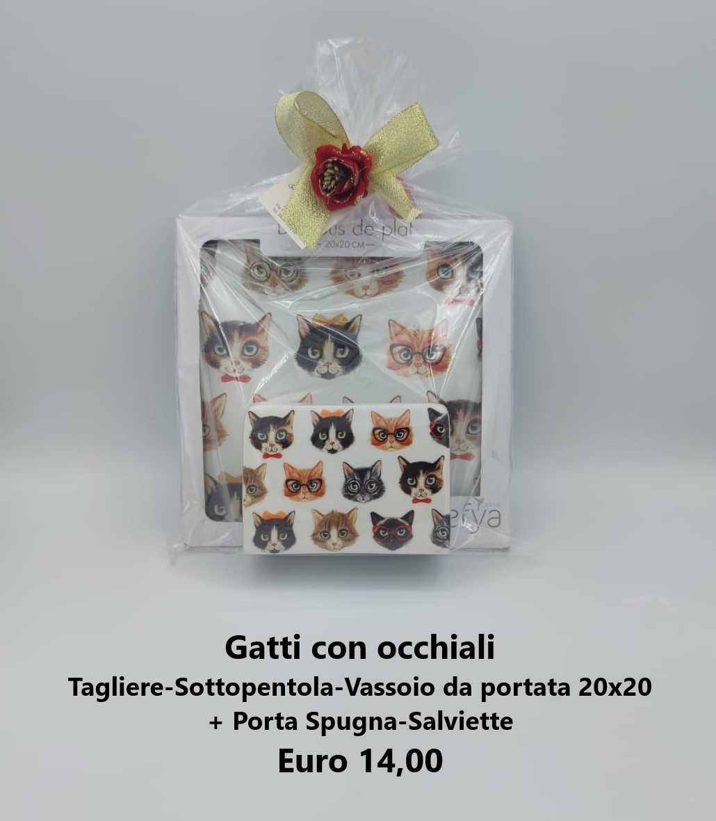 Confezione Regalo Gatti con Occhiali Tagliere 20x20 + Porta Spugna 
